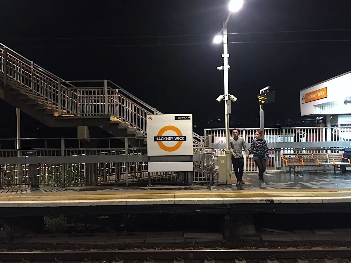Hackney Wick station platform at night