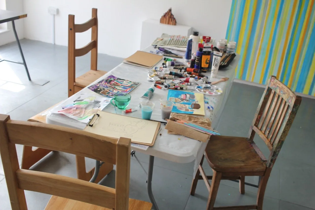 Art materials and works in progress at Kinetica Summer Art School